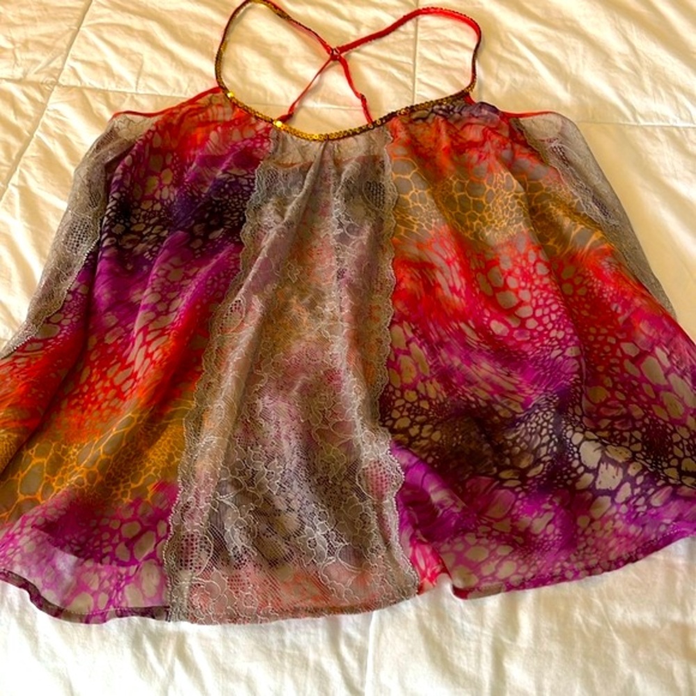 FREE PEOPLE SEQUIN MULTI-COLOR ANIMAL PRINT CAMI TOP BLOUSE SHIRT SIZE LARGE - Picture 10 of 16